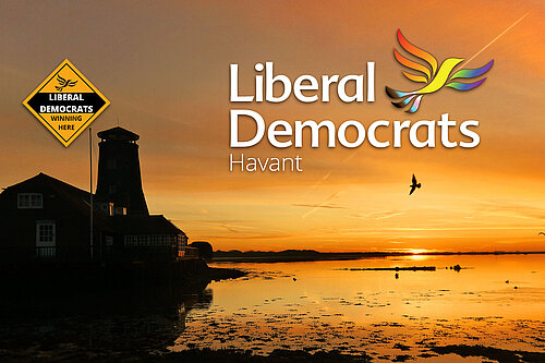 Golden sunrise with Langstone Mill and Liberal Democrat Logo and phoenix in Progressive Pride colours and Winning Here diamond