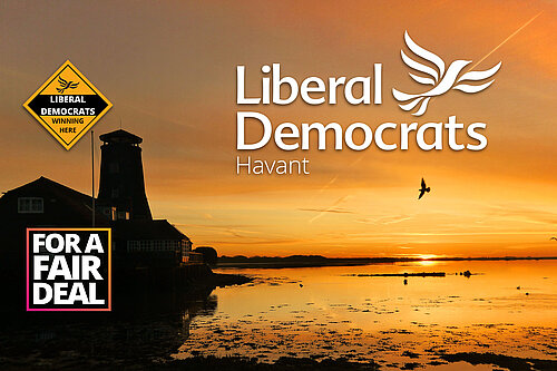 Golden sunrise with Langstone Mill and Liberal Democrat Logo and phoenix in white and "For a Fair Deal" logo